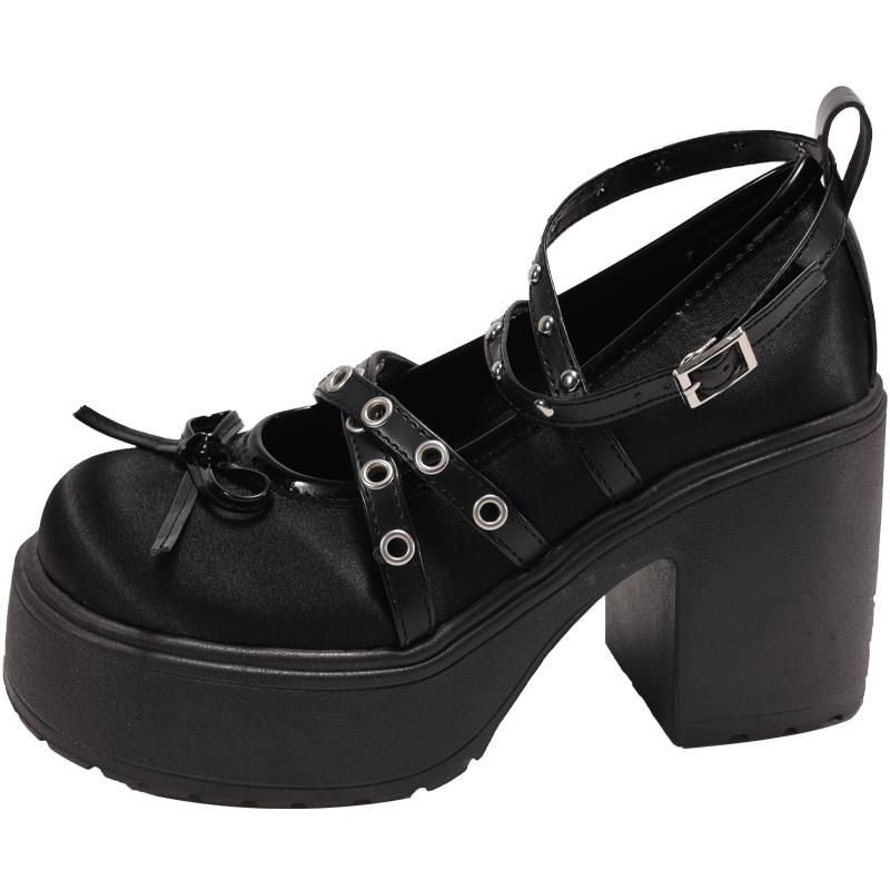 Spring Mary Jane Single Shoes Round Head Shallow Bow Rivets A Line with Waterproof Platform Anti-slip Wear-resistant High Heels
