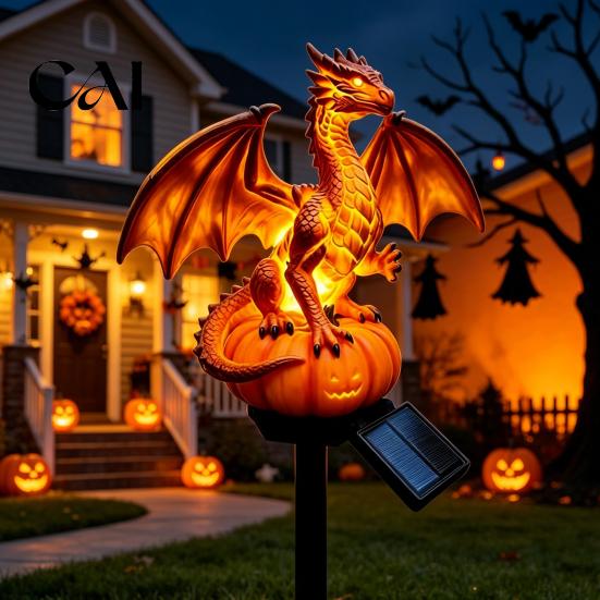 Kreatives Geburtstagsgeschenk für Freunde Drachen Solar Gartenlicht, Halloween Nacht Harz Gotische Kürbis Tischskulptur Büro Statue, Mittelalter Fantasy