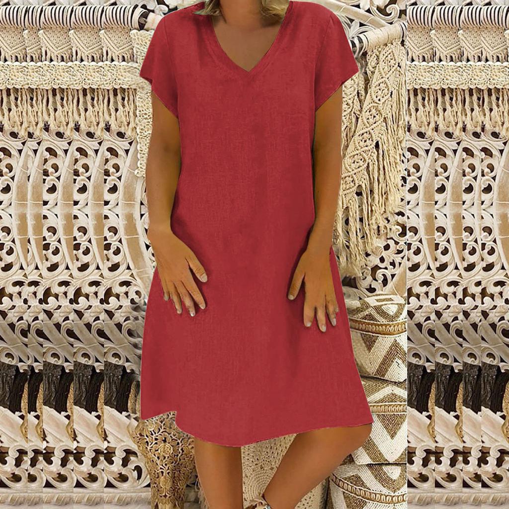 YYFS Women's Fashion Summer Spring Solid Color Print Short Sleeve V-Neck Loose Waistline Casual Dresses