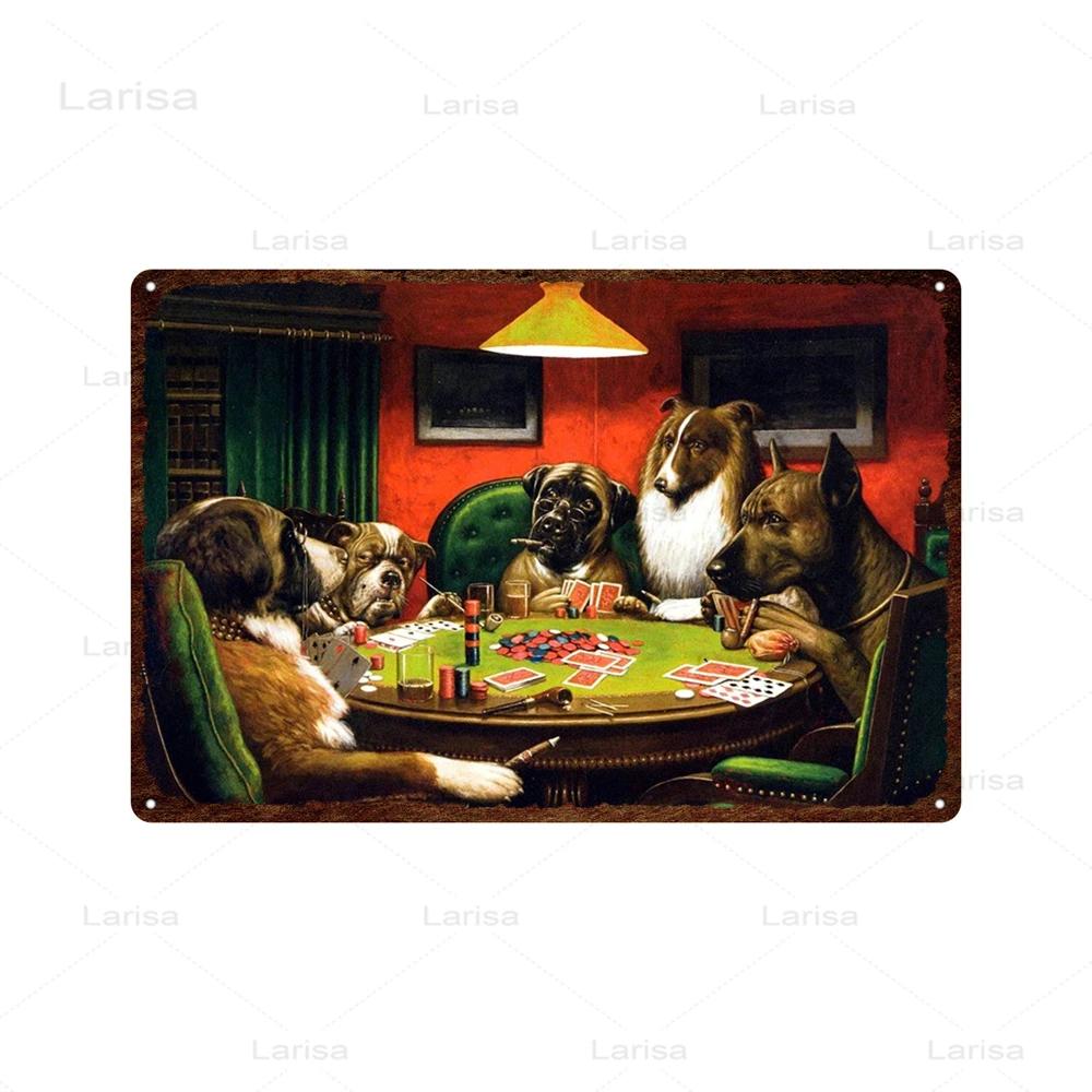 Dogs Playing Poker Game Metal Plaque Animals Playing Billiards Tin Sign Garage Club Wall Pub Tin Sign Vintage Metal Posters