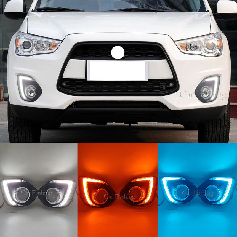 Car LED DRL For Mitsubishi ASX 2013 2014 2015 Daytime running light with Dynamic turn signal Fog lamp cover Fog Light hole