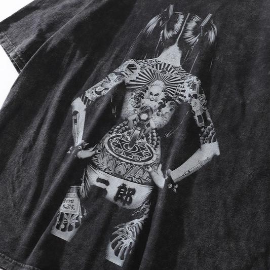 American Street Retro T-Shirt Summer New Japanese Ukiyo-E Painted Tattoo Girl Short Sleeve Men And Women Loose Tide