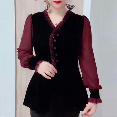 New V-neck Wood Ear-side Spliced T-shirt for Women with Waist-hugging Slimming Gold Velvet Top
