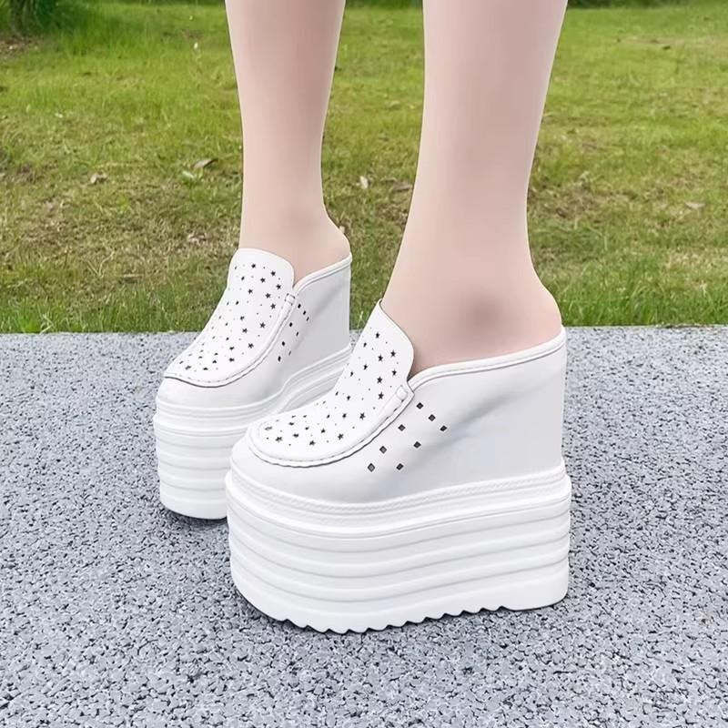 Fashion 13CM Women's Flat Shoes Mules Summer 2025 Fashion Leather Fashion Breathable Platform Slippers Thick Bottom Women Slippers