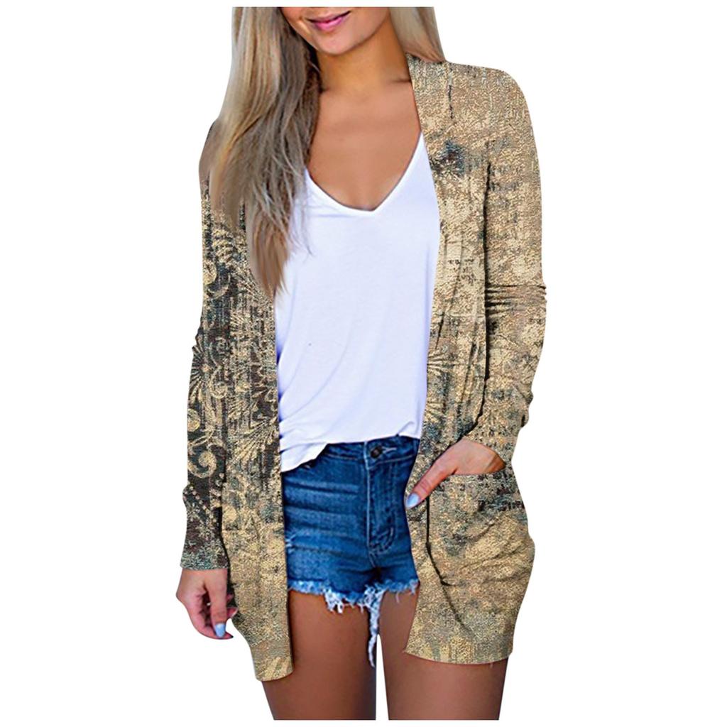 Women's Print Long Sleeve Front Cardigan Printed Top Lightweight Jacket With Pocket