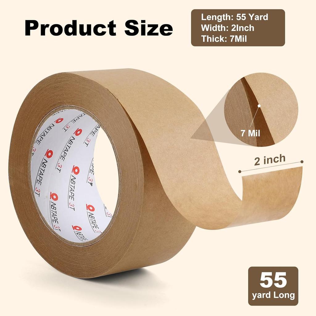 Kraft Tape Paper Packing Tape,6 Rolls, 2 inch x 55 Yards, 7 Mil Thick – Gummed Brown Packing Tape for Securely Sealing Cardboard Boxes Perfect for