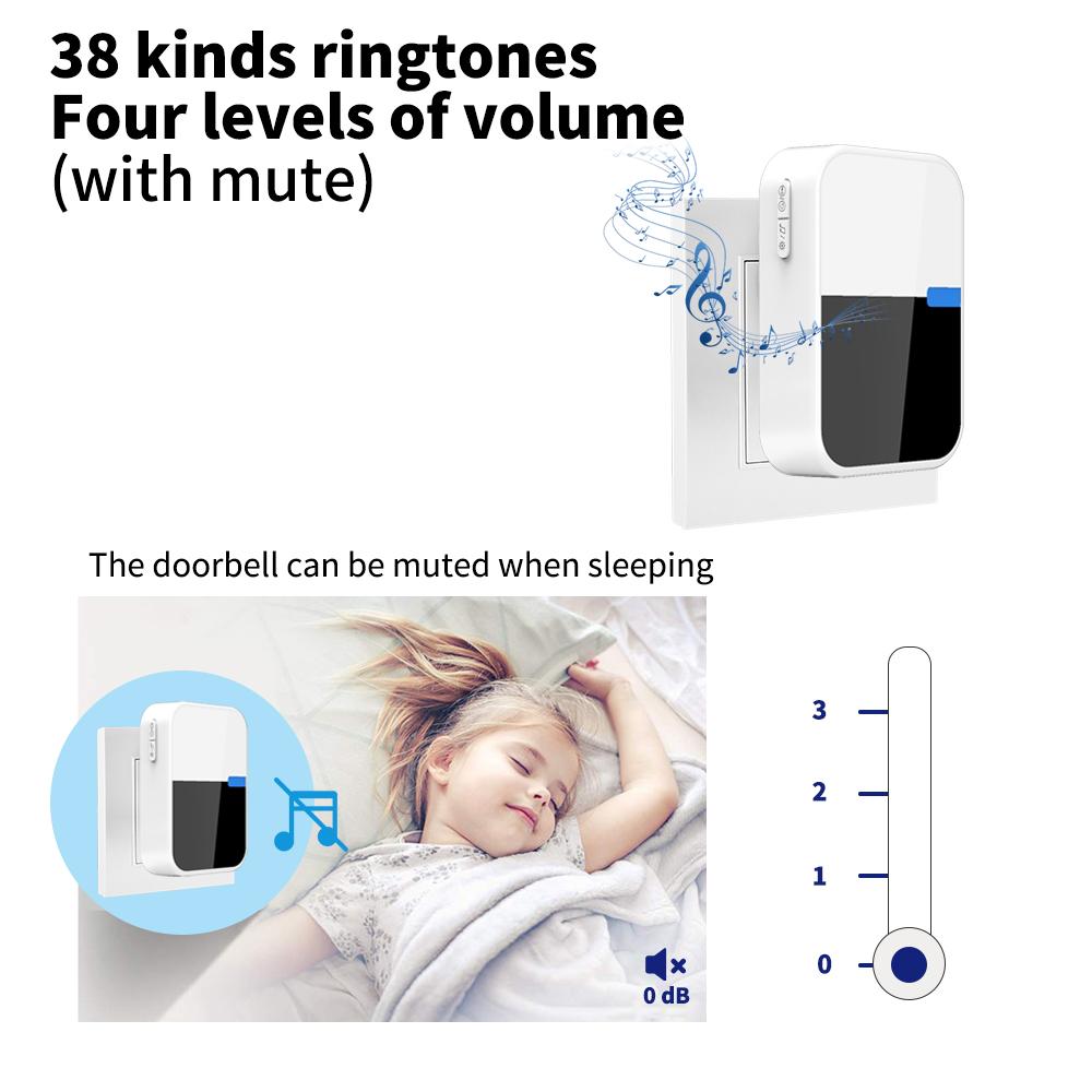 Neue kabellose Türklingel, keine Batterie erforderlich, wasserdicht, mit eigener Stromversorgung, 38 Musikarten, Home Ring Dong, Willkommens-Türklingel