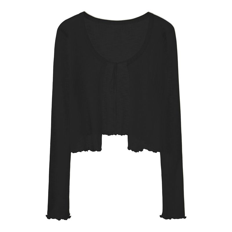 

Ice Silk Knitted Cardigan Outwear Women s Summer Thin Outer Match Sun Protection Air-Conditioner Blouse Short Long Sleeves Shawl Small Coat Black M