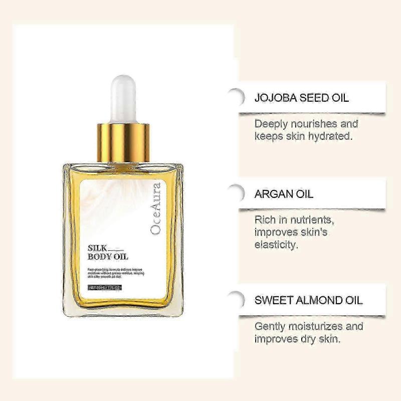 3x hedvábný tělový olej - zpevňující, proti stárnutí, hydratační složení, pro povadlou pokožku, hydratace po sprše, voňavá směs, prémiová péče o pleť