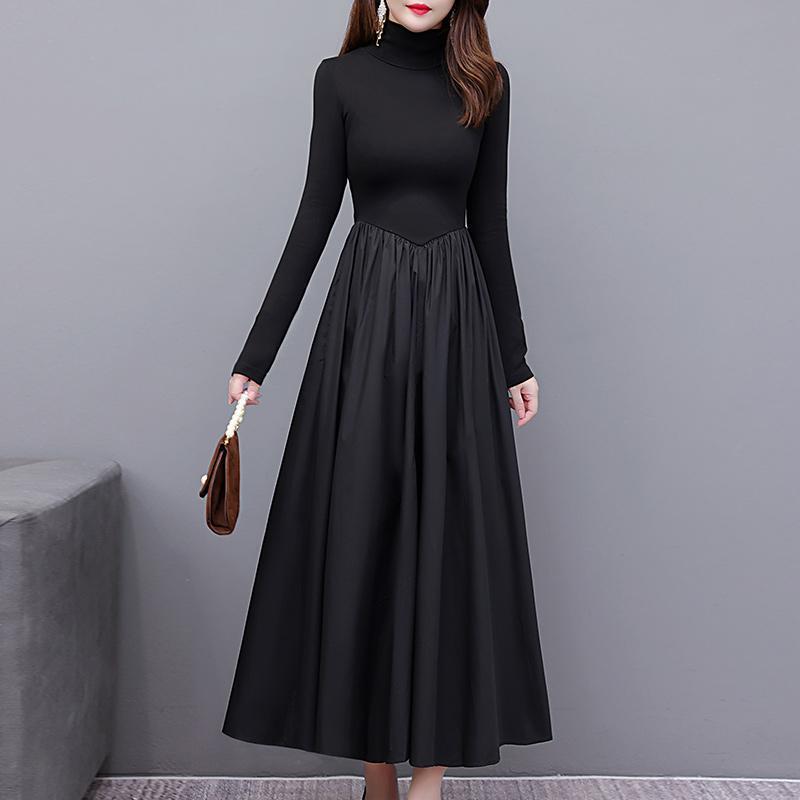 Black High-Neck Hepburn-Style Velvet Dress - Slimming Long Winter Skirt for Women