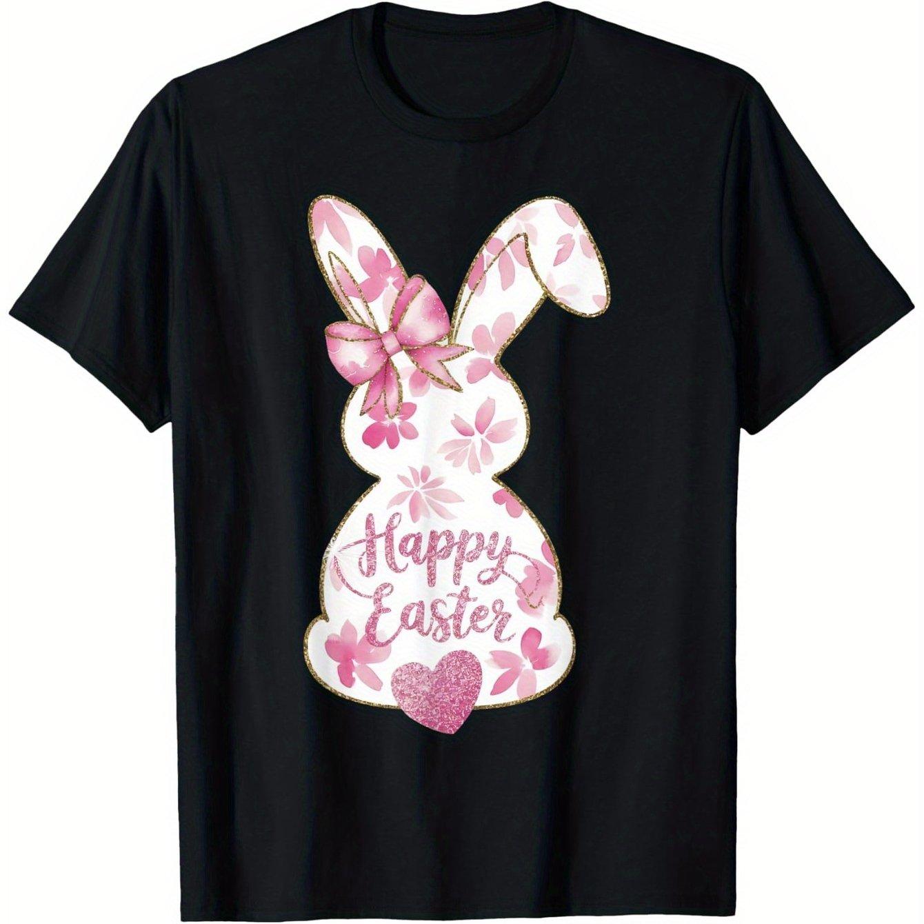 Happy Easter Bunny Floral Print Graphic Tee Unisex Soft Casual Cotton T-Shirt Festive Wear S