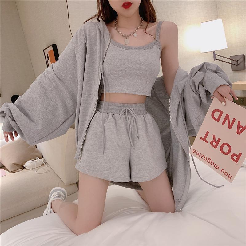 Danmo Summer Fashion Women Tracksuit Clothes 3 Piece Set Woman Sports Suits Zipper Jacket+Short Camisole+High Waist Drawstring Shorts Outfit