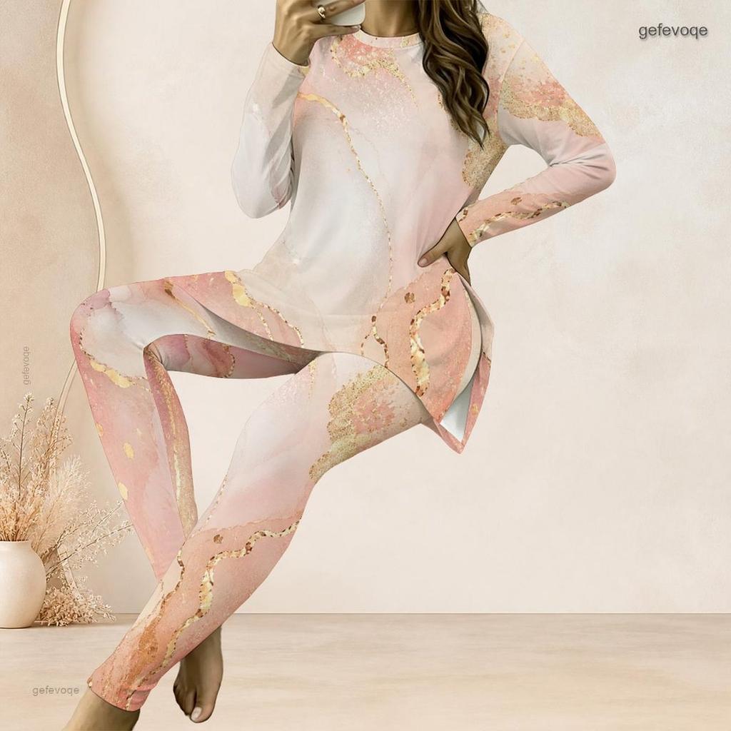 Women Plus Size Pink Printed Round Neck Long Sleeve Longline Top And Fitted Pants Two Piece Set