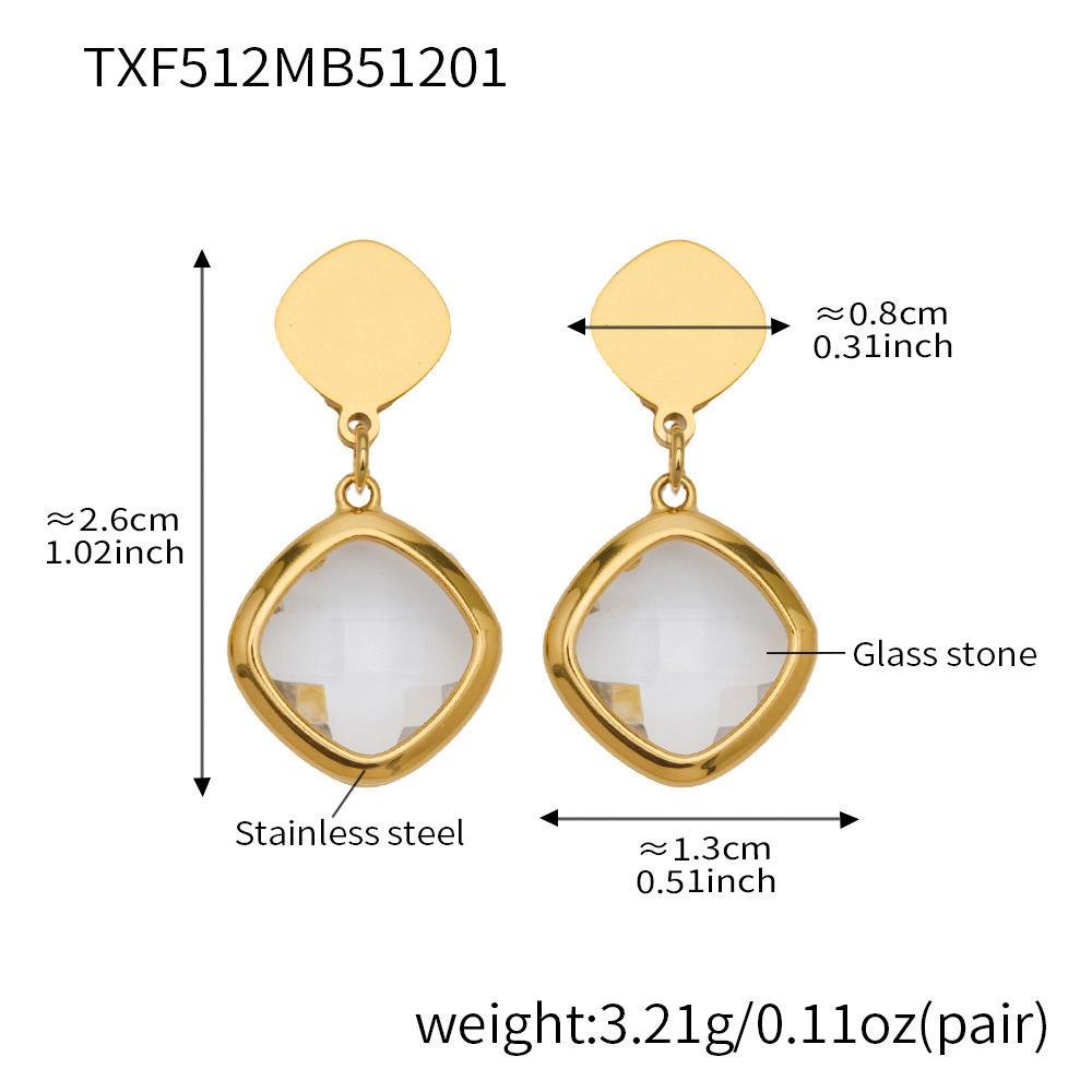 Stylish European & American Stainless Steel Jewelry Set with Square Faceted Glass Stones: Includes Bracelet, Necklace, and Earrings