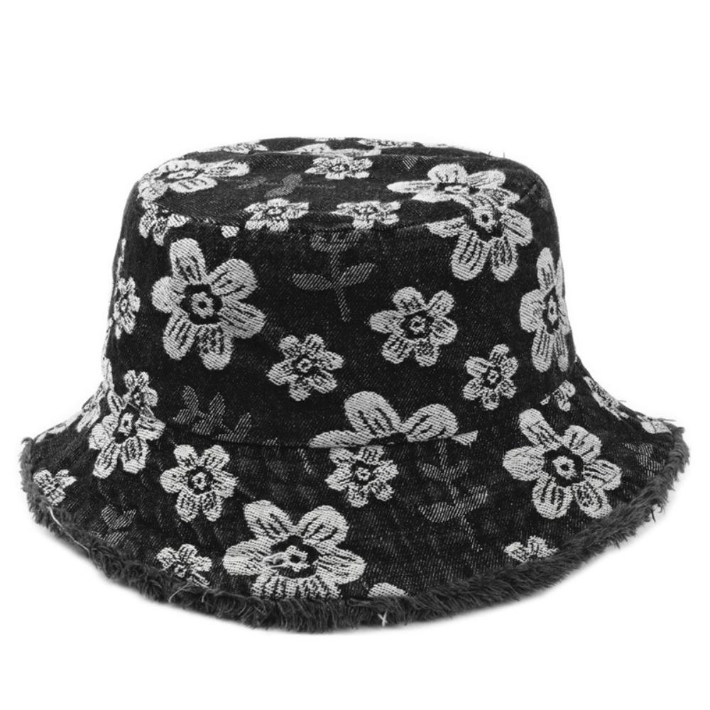 Flower Embroidered Denim Fisherman Hat Frayed Brim Sunscreen Sun Cap Cowboy Bucket Hats  Travel