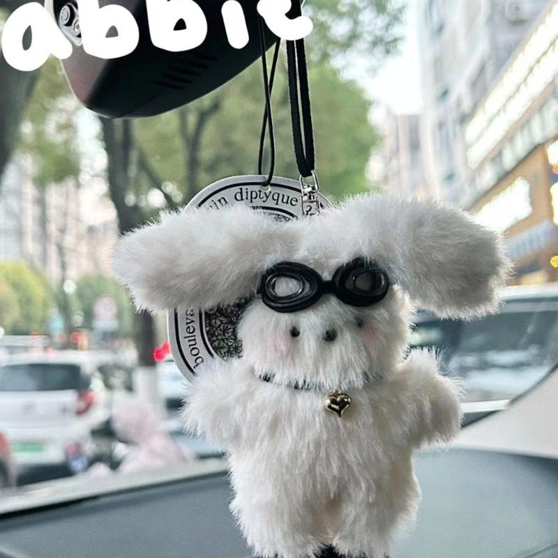 Hanging Decoration Rear View Mirror Cute Long Eared Rabbit Decors Car Interior Accessories Cute Bunny- Pendant Keychain