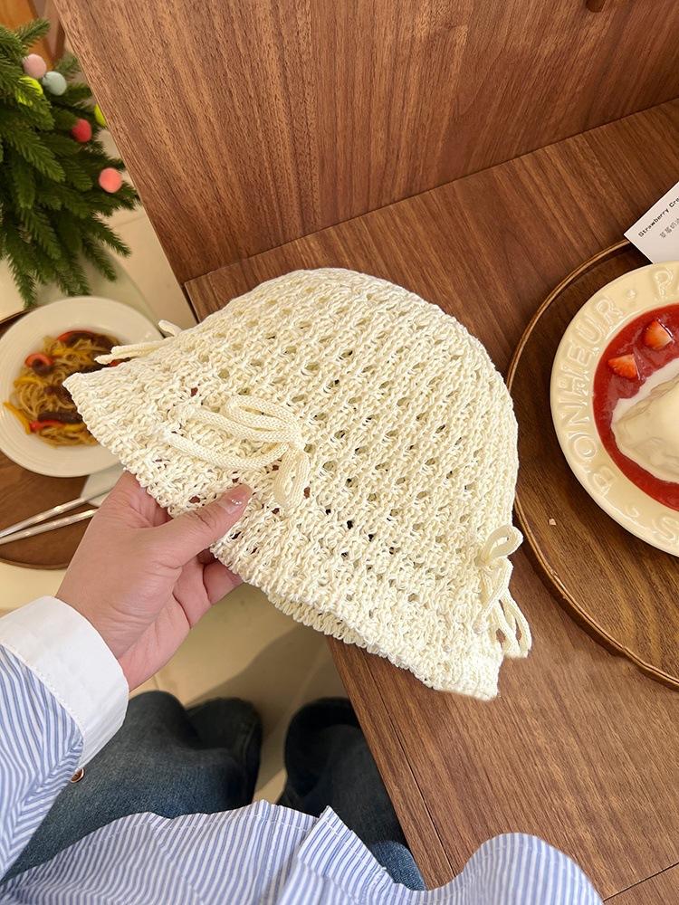 Bow Fisherman Hat Children's Summer New Knitted Mesh Bucket Hat Straw Woven Breathable Basin Hat