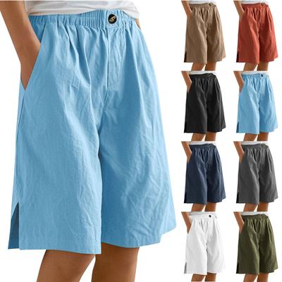 Damenmode Einfarbige Hosen Tasche Button Up Capris Lose Elastische Taille Baumwolle Leinen Shorts