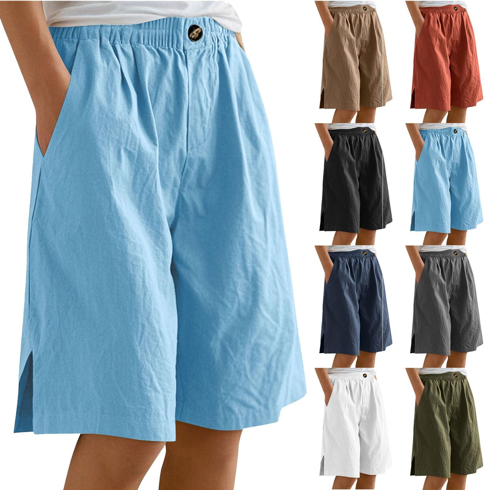 

Жіночі модні однотонні штани з кишеньковими ґудзиками Капрі з вільною еластичною талією, бавовняні лляні шорти XL білий