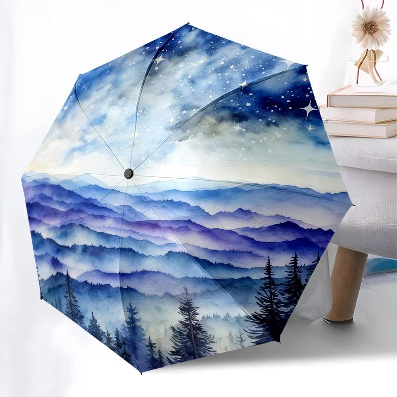 1pc night sky mountains Automatic Folding Umbrella, Heavy Duty 8 Rib Iron Frame, Suitable for Travel, Daily Use, Birthday, Decor Gift m0105119