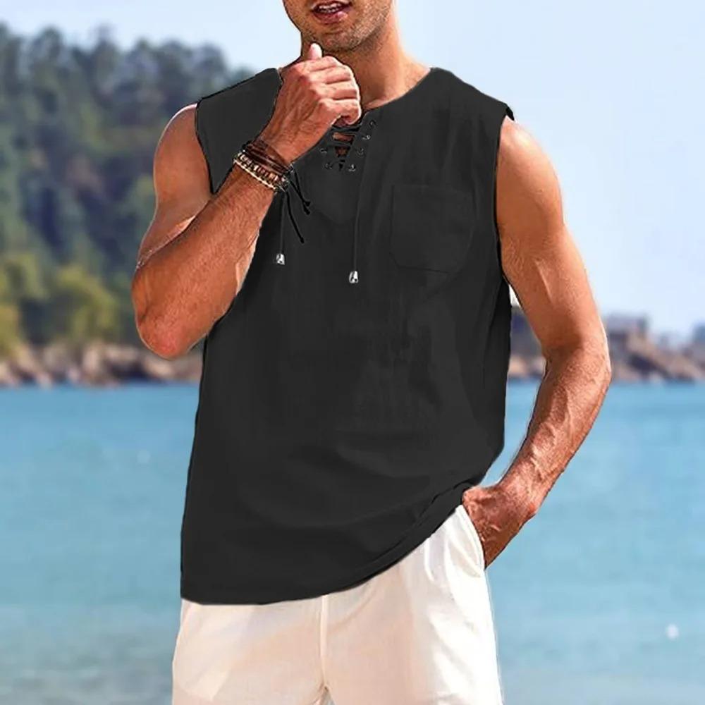 Cotton Linen Sleeve T-Shirt for Men Casual Beach Style Lightweight Lace Up Vest Breathable Cool Feeling Tops Male Tank Tops