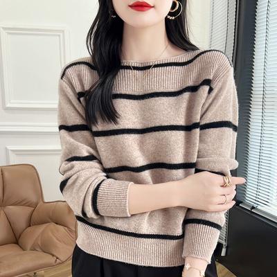 Women S Loose Fit Long Sleeve Crew Neck Striped Knit Sweater