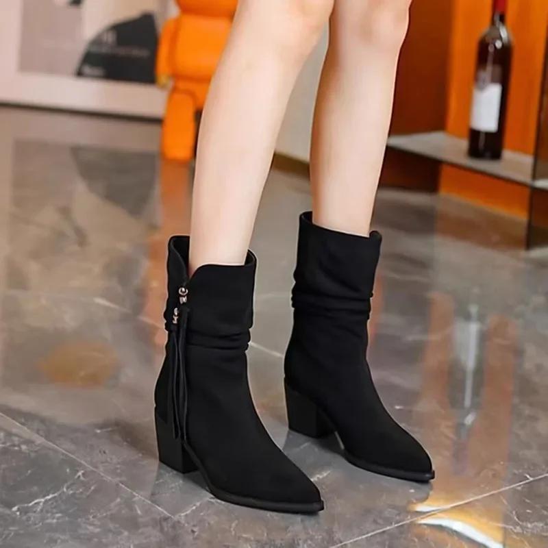 Fashion Women 2025 Autumn New Block Heel Tassel Temperament Fashion Single Boots British Style Pointed Toe High Heel Booties