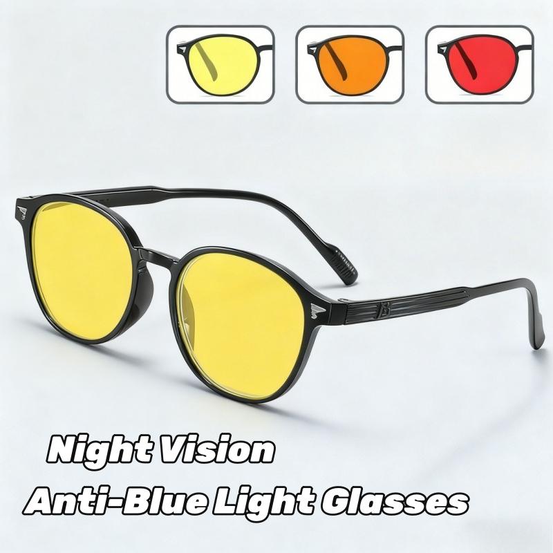 Driving Anti-Glare Night Vision Glasses Retro Studded Round Frame Anti-blue Light Glasses Orange & Red Lenses Protective Eyewear