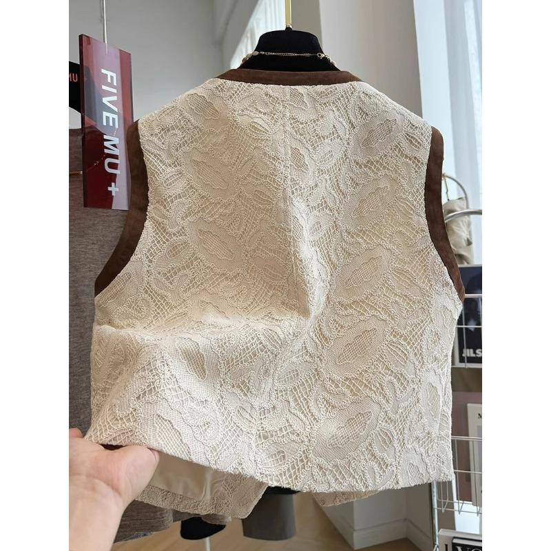 Women Lace Sleeveless Round Neck Single Breasted Vest Top