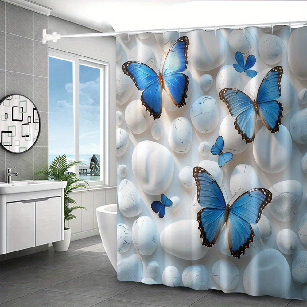 Blue Butterfly Print Polyester Shower Curtain Set With C-Hooks, Machine Washable, Waterproof Woven Bathroom Decor, Fashion Theme