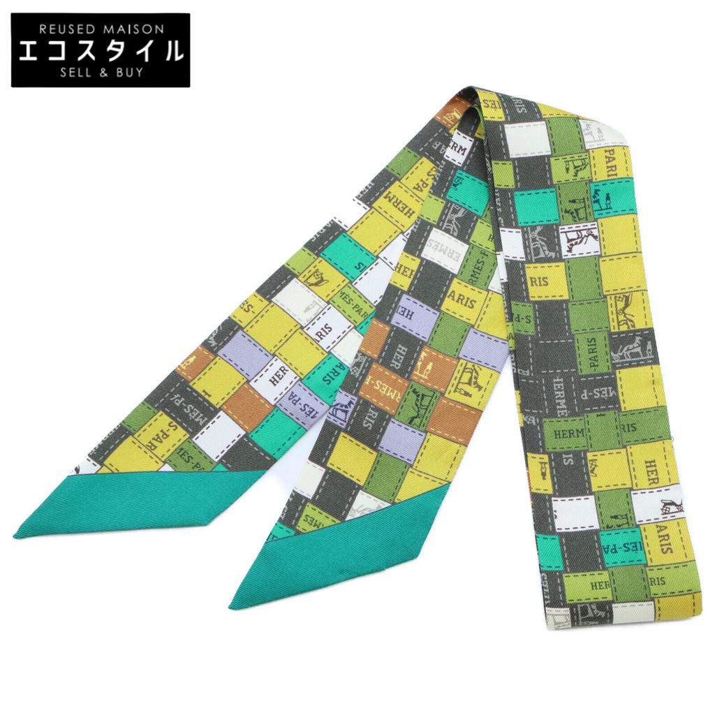 HERMES [Good Condition] 062879S-14 BOLDUC AU CARRE Bolduc Check Silk Twilly scarf veil/arnica/khakiUsed