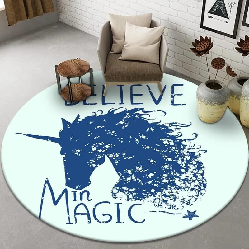 Cute Cartoon Unicorn Round Carpet Non-slip Rug for Office Living Room Bedroom Decor Soft Play Floor Mat Bathroom Kitchen Doormat