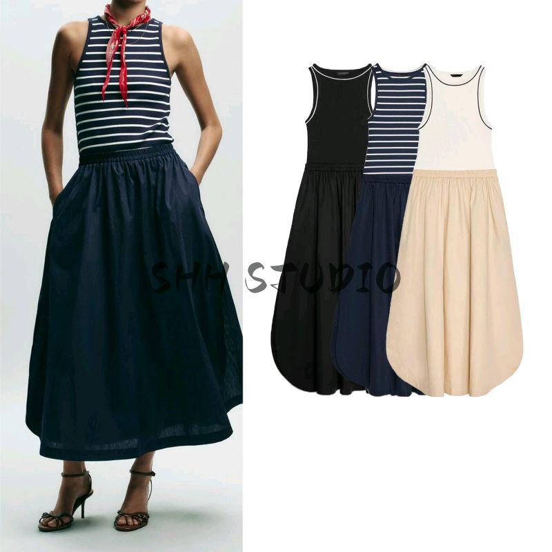 Autumn New Women Clothes Round Neck Sleeveless Vest Poplin Patchwork Midi Dress 8372046 8351224