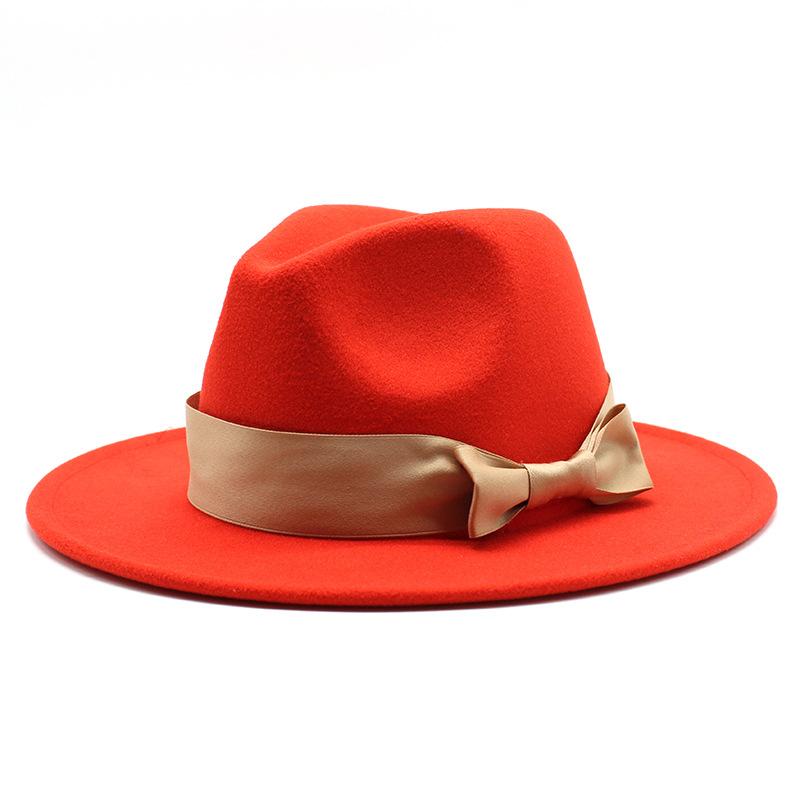 2020 Woolen Top Hat Men'S And Women'S Flat-Brimmed Big Eaves Hat Solid Color Versatile Bow Straight Edge Jazz Hat 22 Colors
