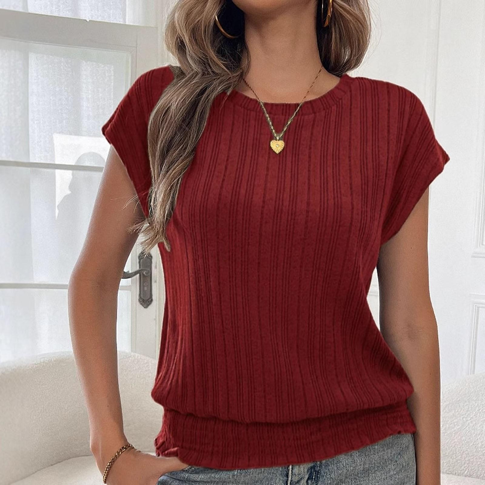 

Жіноча вільна повсякденна футболка з круглим вирізом і короткими рукавами Топ-футболка з короткими рукавами XL винний