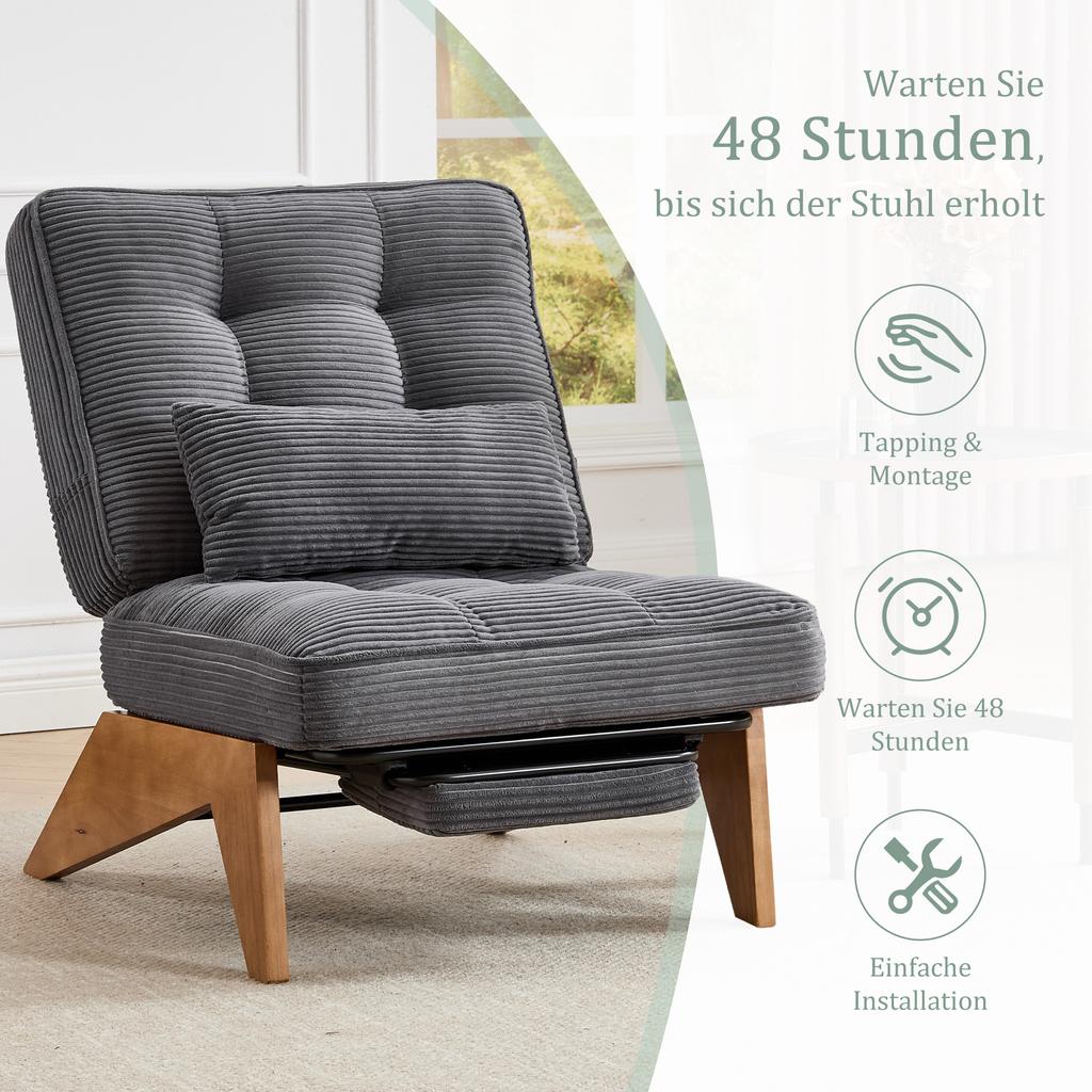 Modern Adjustable Backless Fabric Lounge Chair with Footrest, Lumbar Cushion and Wooden Legs for Living Room/bedroom/study Room (grey Corduroy)