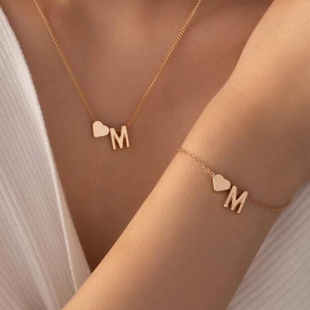 Retro Metal Heart 'M' Necklace & Bracelet Set for Women - European & American Letter Jewelry