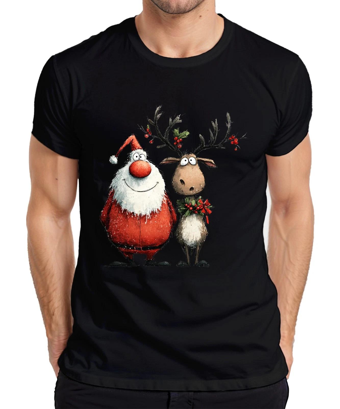 Funny Santa Claus and Reindeer Cartoon Christmas Gift Mens T-Shirt- 4XL