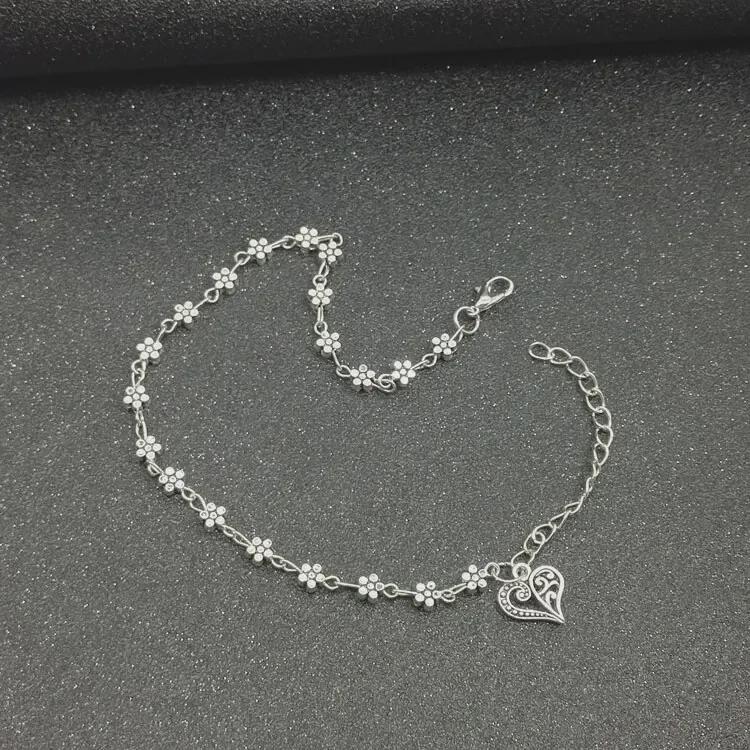 Silver Tibetan Plum Blossom Anklet with Heart-Shaped Charm