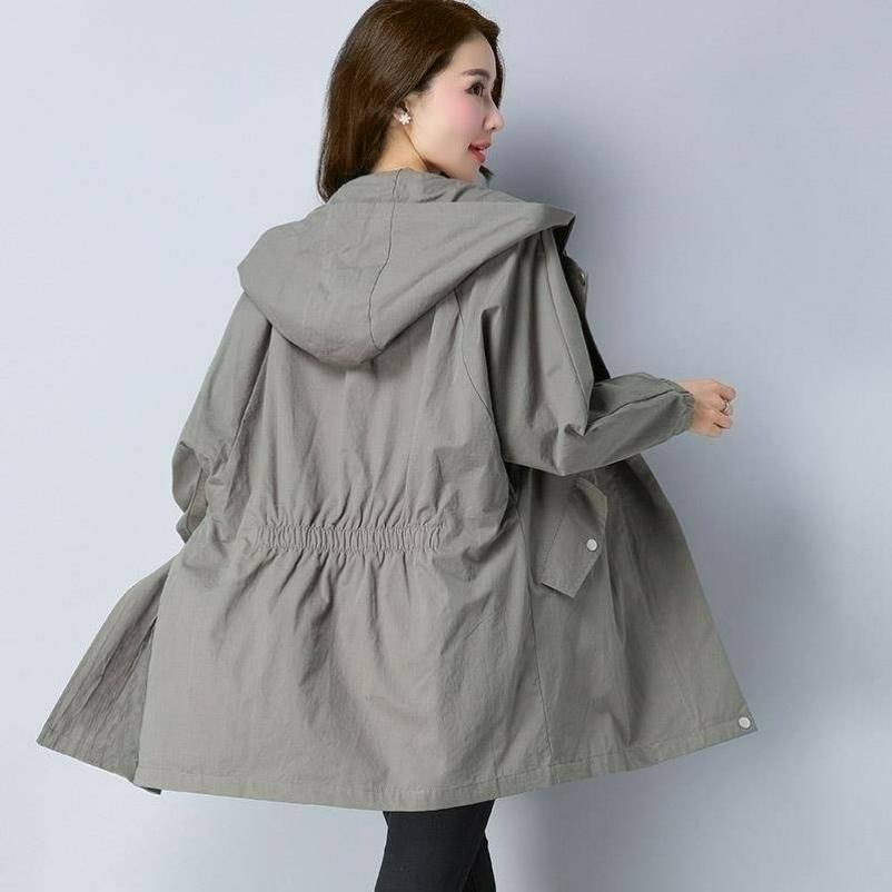 Hooded Zipper Windbreaker Women's Spring and Autumn Fat Mm Large Size Slimming Top Women's Mid-length Jacket