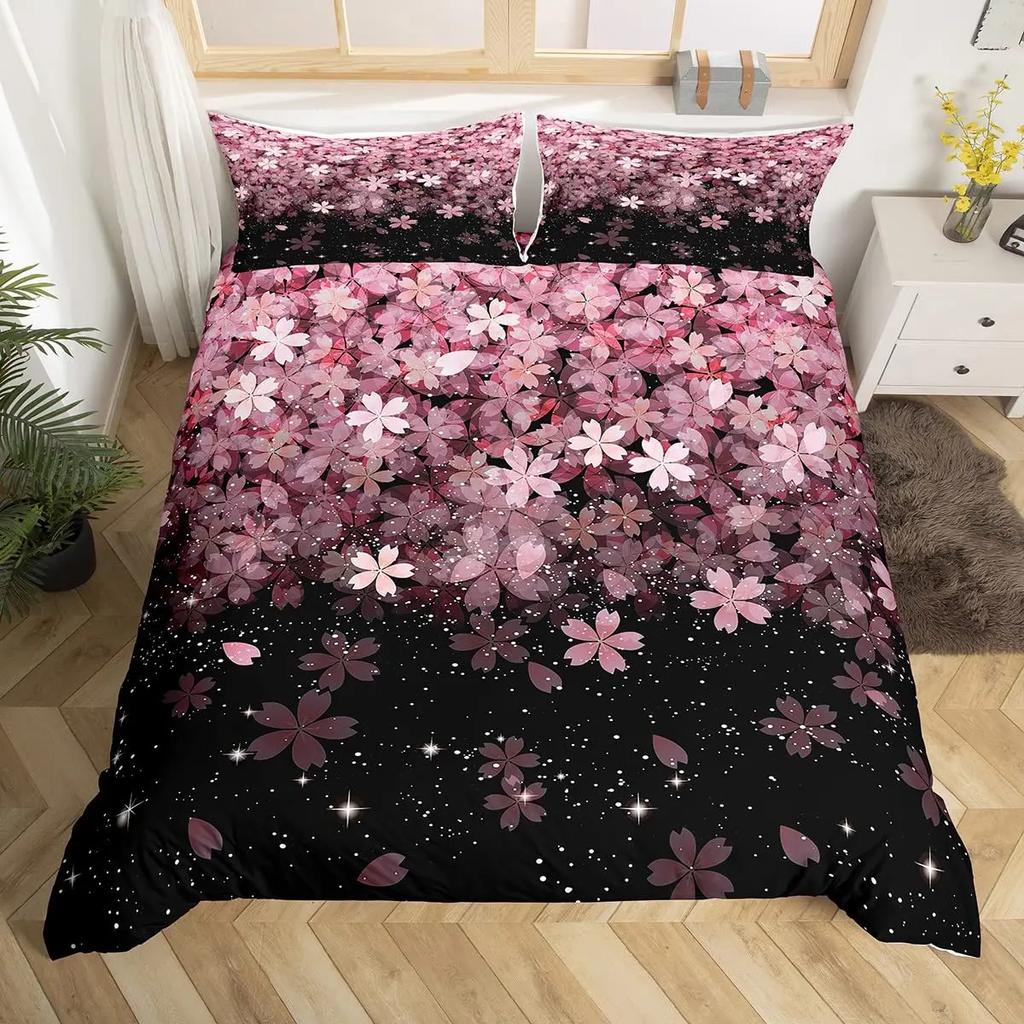 Japanese Duvet Cover Branch of  Flourishing Sakura Tree Cherry Blossoms Spring Theme Art Pink Decor Dark Brown for Women Gifts