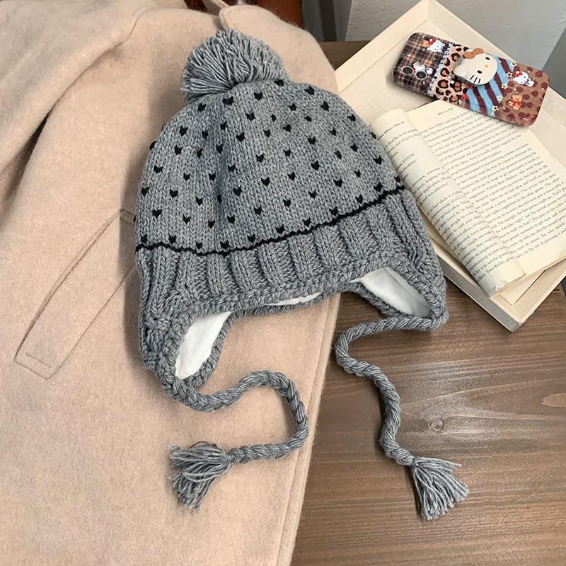 Women Girl Autumn Winter Warm Acrylic Jacquard Pom Pom Knitted Hat One size fits all серый