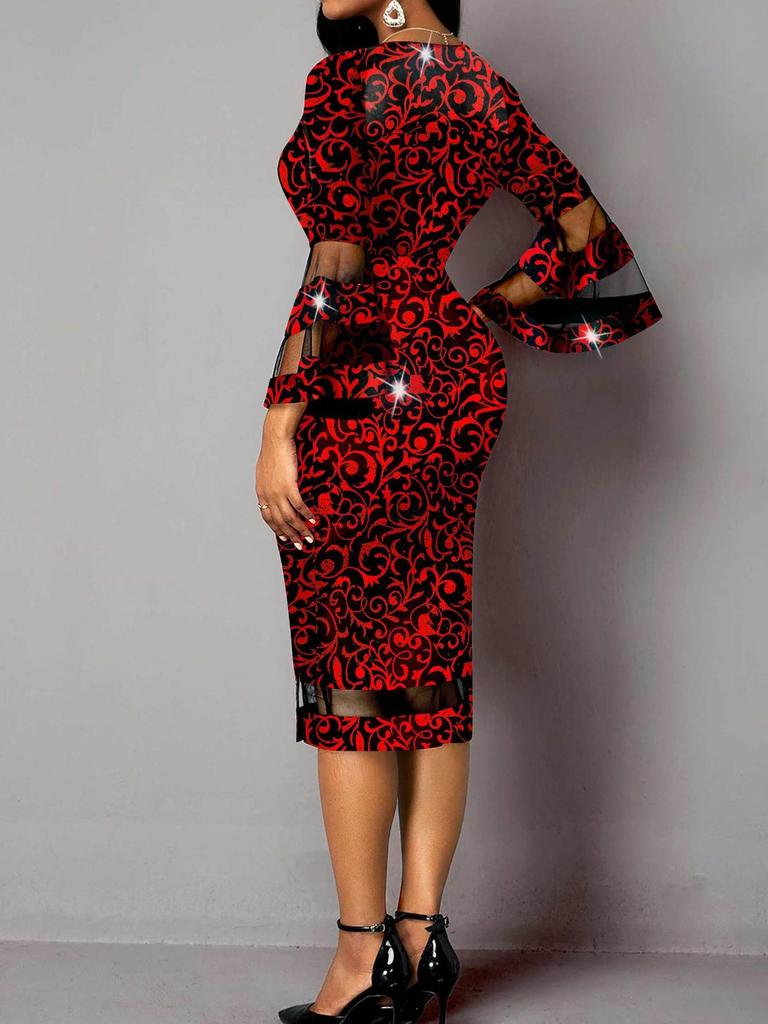 European Elegance: Floral Mesh Patchwork Bodycon Skirt Dress - V-neck Style for Women (2025)