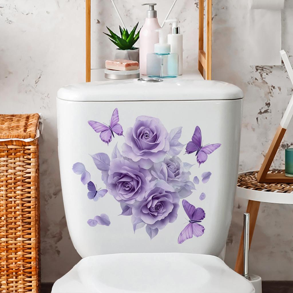 Elegant Purple Flowers and Butterfly Toilet and Wall Sticker Set Waterproof Self-Adhesive Decal for Bathroom WC Decoration