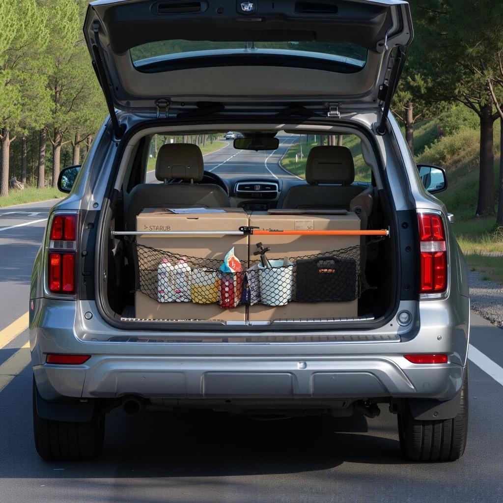 Cargo Bar, Ratcheting Cargo Bar Adjustable from 1016mm to 1854mm, Heavy-duty Steel Cargos Stabilizer with Storage Net & Non-Slip Pads, Telescoping