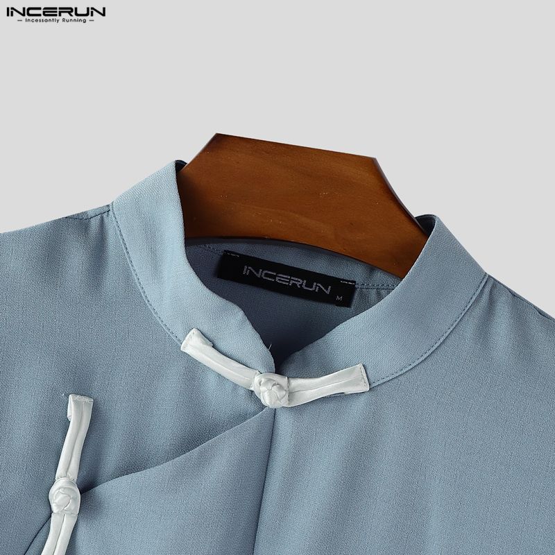 INCERUN Summer Men Vintage Stand Neck Short Sleeve Side Buttons Casual Vintage Shirts