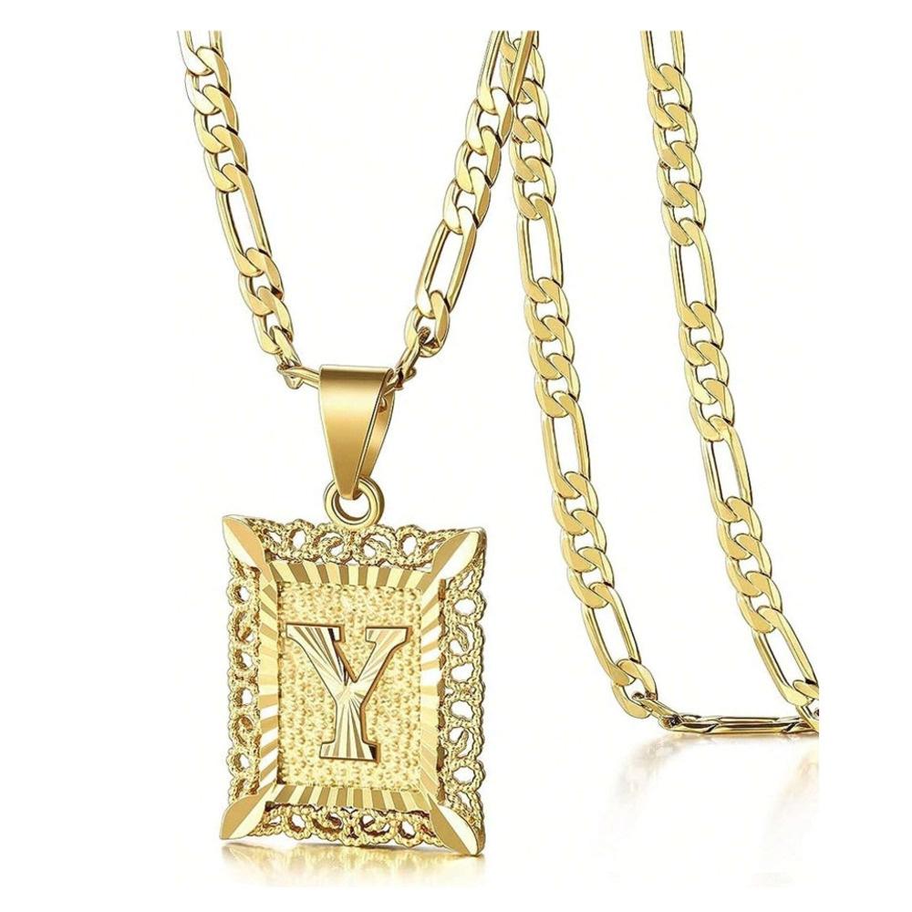 Initial Necklace Square Letter Pendant Necklace Capital Monogram Necklace Alhpabets From A-Z Figaro Chain Necklace