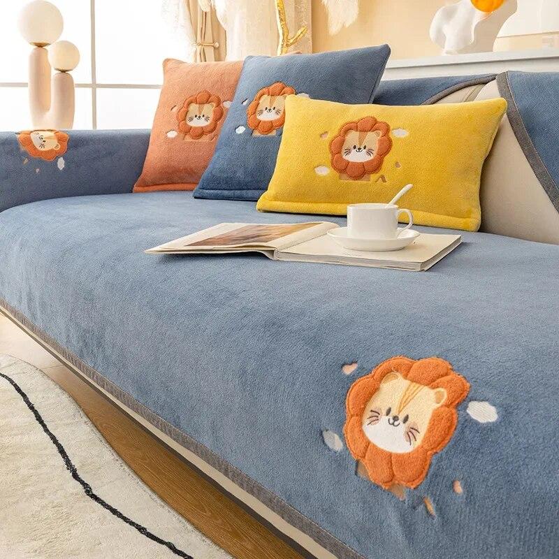 Cartoon Lions Plush Sofa Cover Winter Thickening Super Soft Warm Cushions Non-Slip Living Room Leather Sofa Backrest Armrests