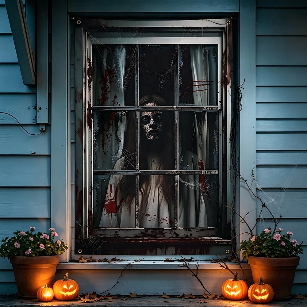 2D Scary White Dress Ghost Polyester Window Banner Halloween Decoration Photography Backdrop Themed Window Cover Flag