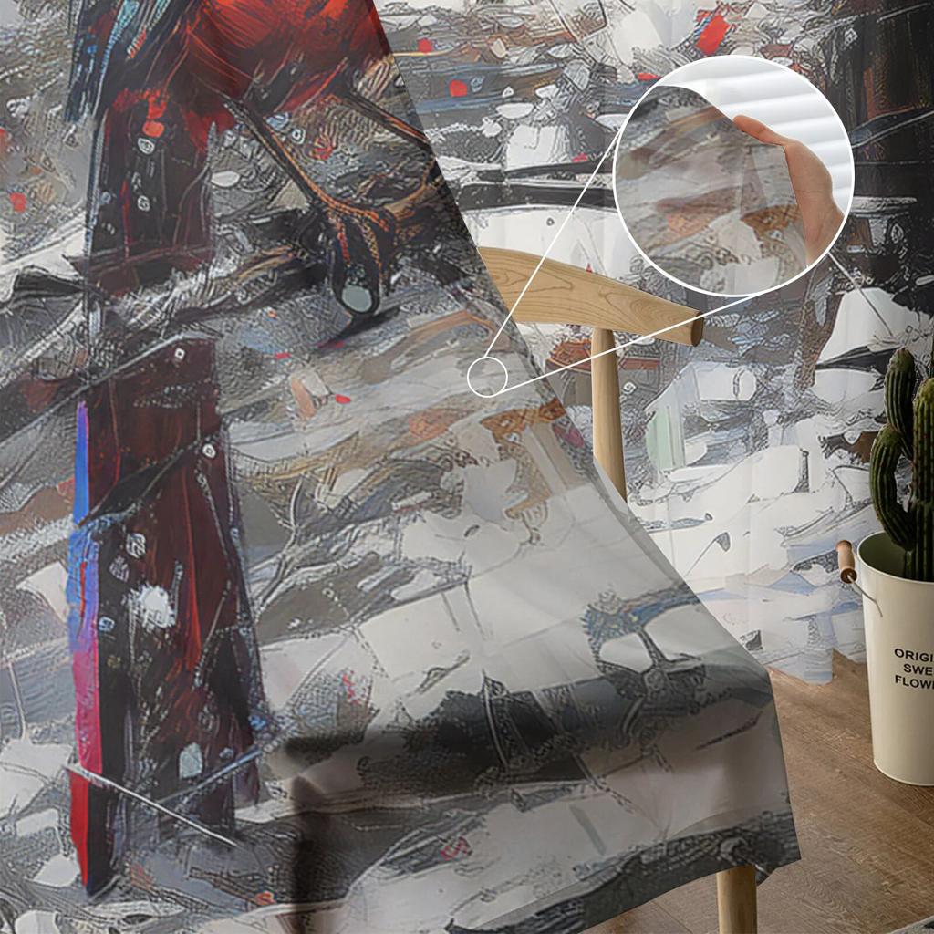 Christmas Retro Abstract Cardinal Bird Bedroom Transparent Sheer Curtains Holiday Decoration Window Voile Tulle Curtain